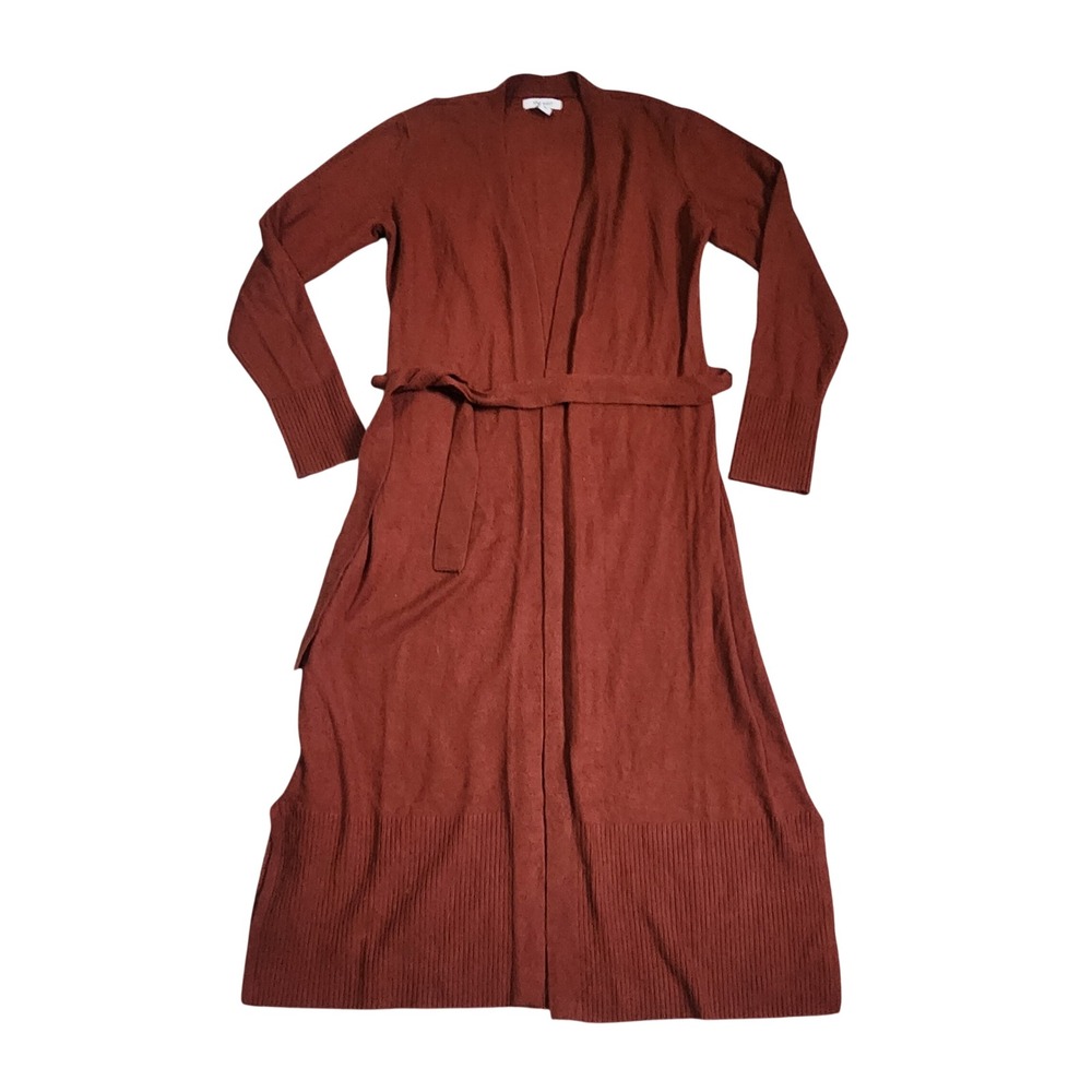 Nine West Womens Rust Brown Belted Duster Cardigan Side Slit Sweater Small